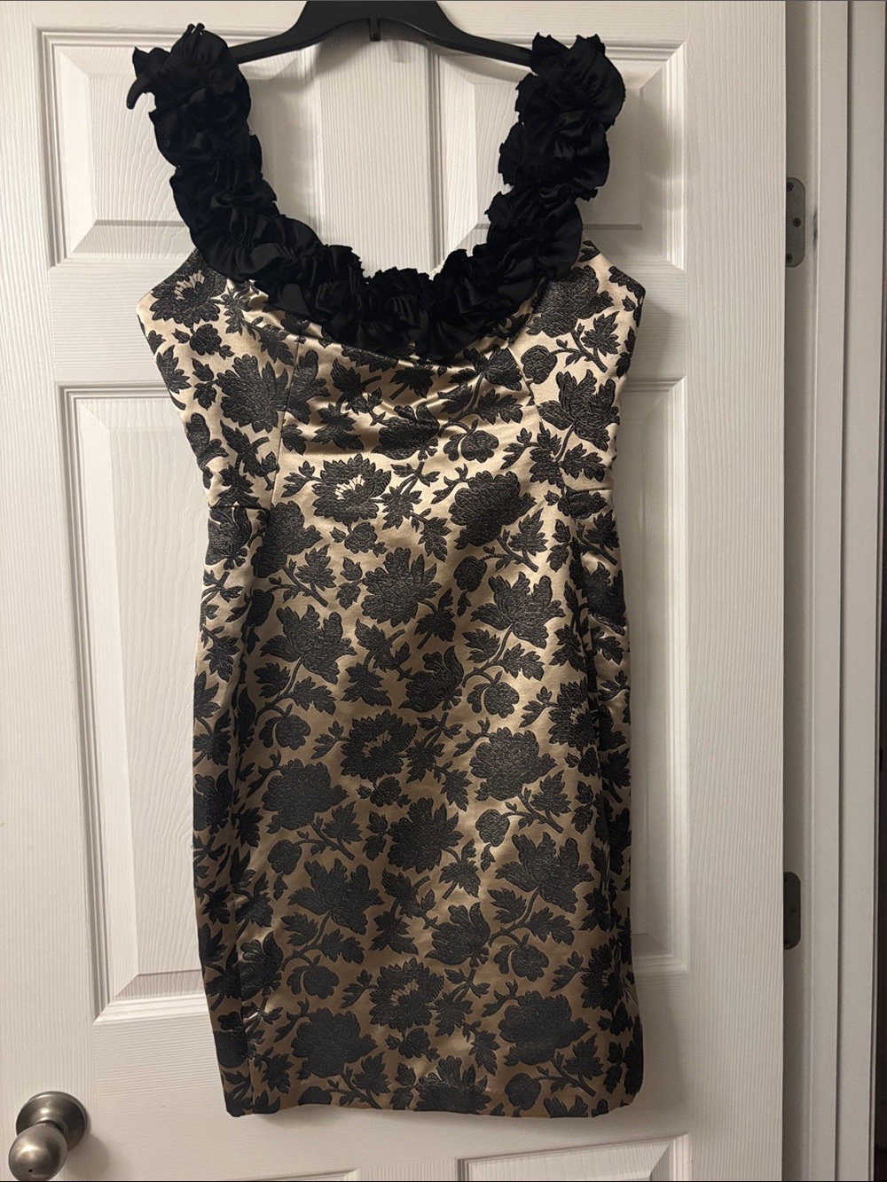 Maggy London Cream and Black Floral Jacquard Mini Dress with Ruffled Neckline